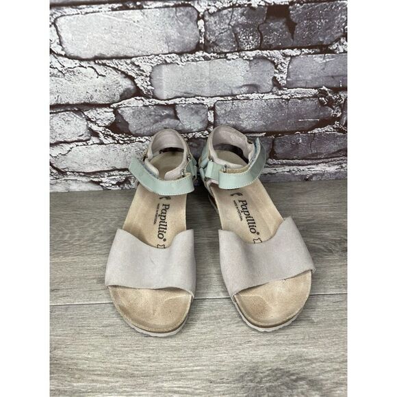 Birkenstock Papillio Grey Nubuck Suede Teal Patent Cork Wedge Sandals Women 38EU - Picture 15 of 16